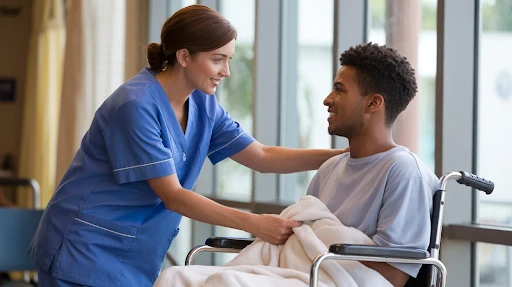 A nurse looking after a patient who had a personal injury