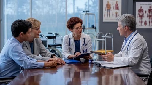 Medical professionals sitting in a room discussing life care planning for their patients