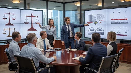 Two legal experts explaining cases to their clients