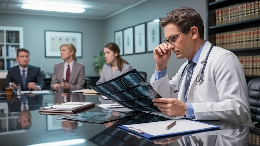 A doctor looking at the medical records