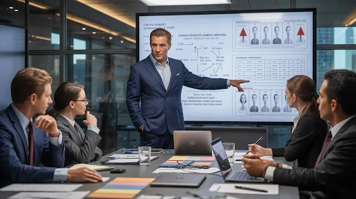 A jury consultant explaining a complex litigation case to his subordinates