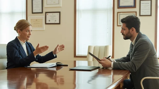 An expert giving witness counseling to a client