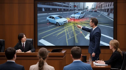 A lawyer explaining a case with the help of an accident reconstruction animation