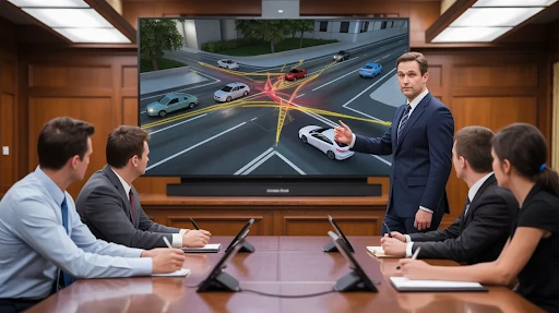 A lawyer using demonstrative evidence animation for his case
