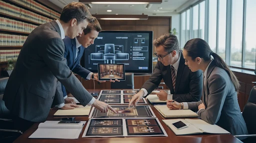 A team of attorneys going through animations for their case