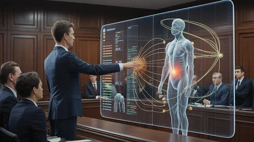 An attorney explaining the cause of injury with the help of animation