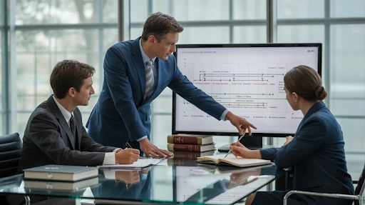 Legal experts working on litigation timeline management