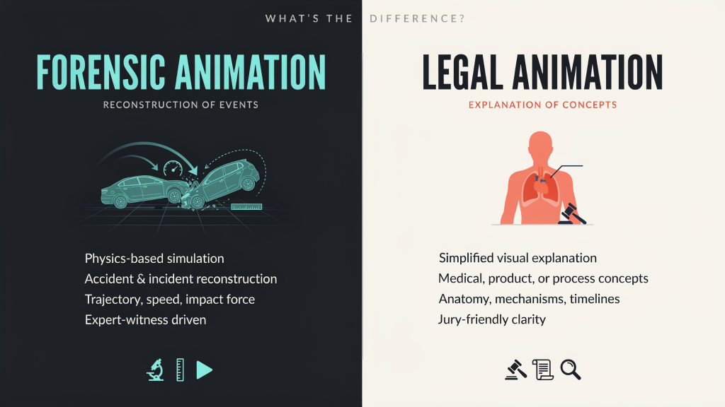 Difference between forensic animation and legal animation.